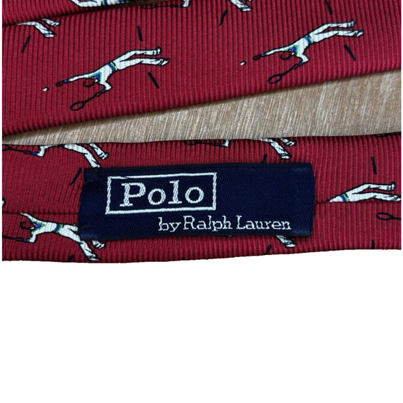 Polo Ralph Lauren Men’s Tie Vintage Red Silk Tennis Player Novelty Handmade USA - Picture 7 of 11